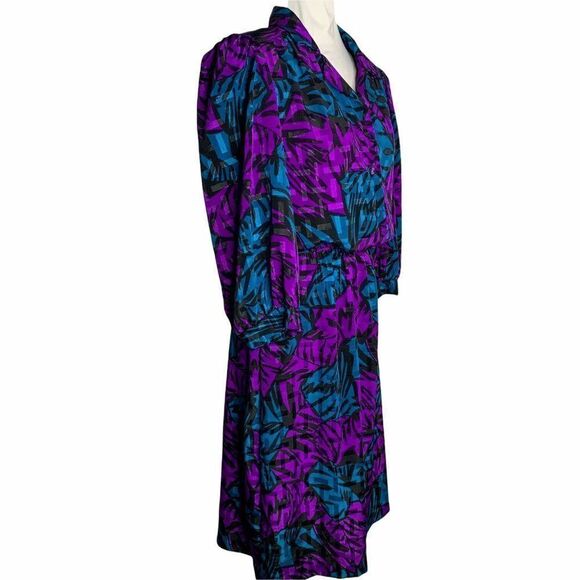 Vintage Midi Button Up Shirt Dress Purple Teal M - Picture 3 of 6